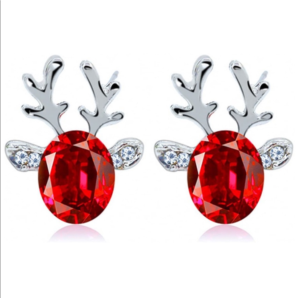Red Crystal Reindeer Christmas Earrings Holiday - Picture 2 of 5